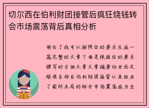 切尔西在伯利财团接管后疯狂烧钱转会市场震荡背后真相分析