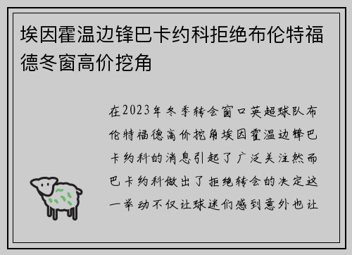 埃因霍温边锋巴卡约科拒绝布伦特福德冬窗高价挖角