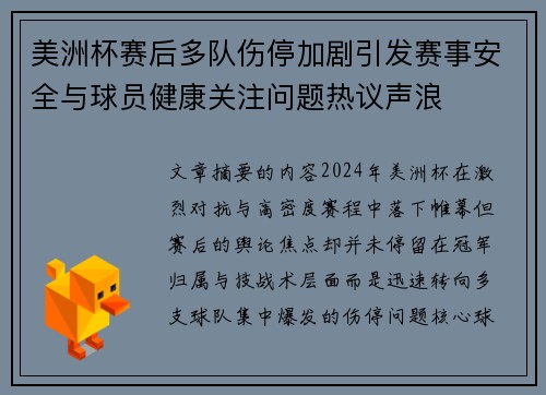 美洲杯赛后多队伤停加剧引发赛事安全与球员健康关注问题热议声浪