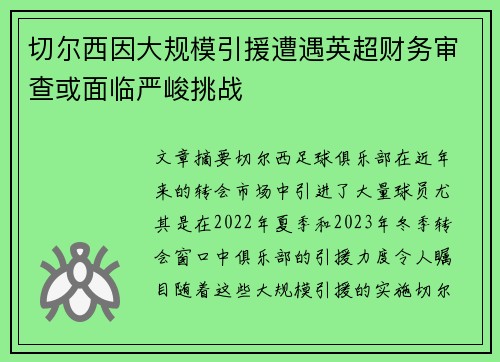 切尔西因大规模引援遭遇英超财务审查或面临严峻挑战 切尔西因大规模引援遭遇英超财务审查或面临严峻挑战